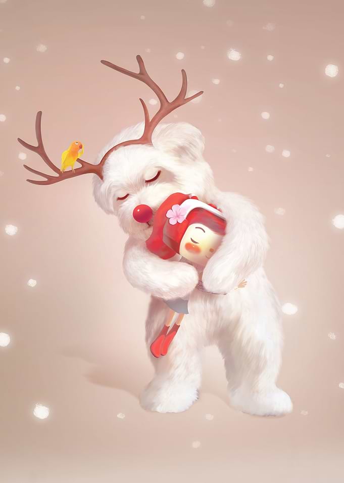 Girl Hugging Dog in Snow