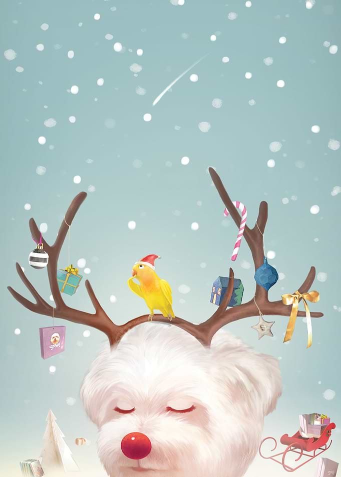 Puppy in Reindeer Antlers