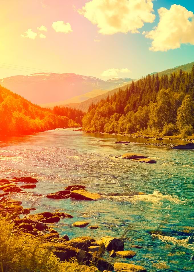 Mountain River At Sunset N