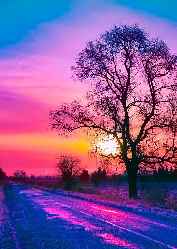 Snowy Rural Road At Sunset
