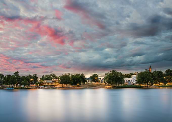 Cityscape and red clouds