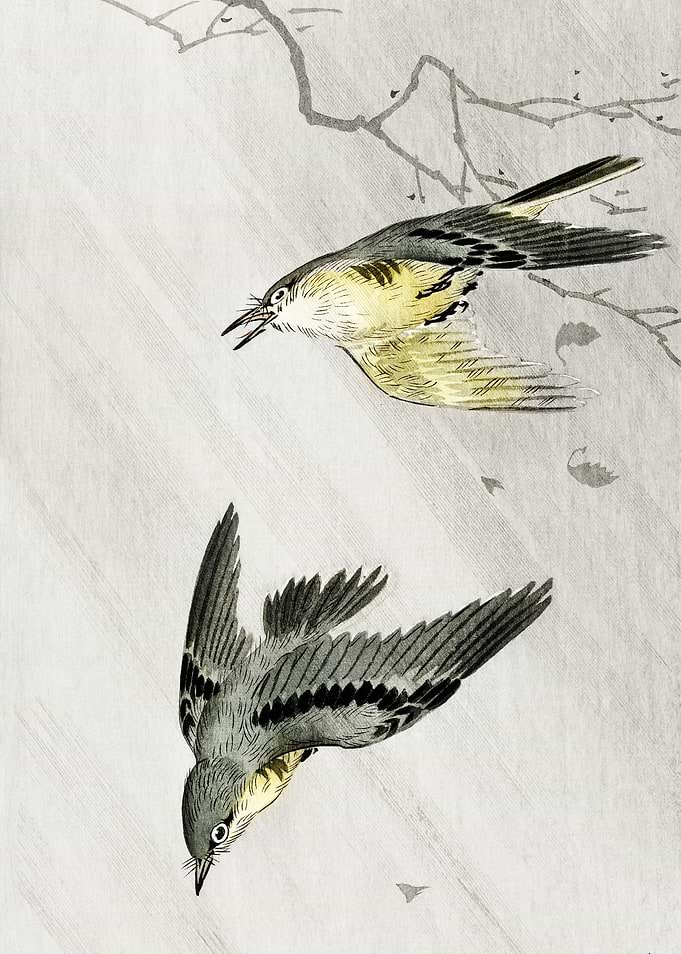 Birds in rain woodblock