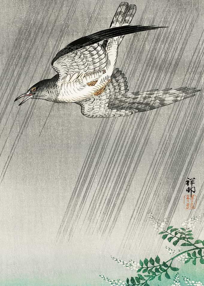 Cuckoo in rain woodblock