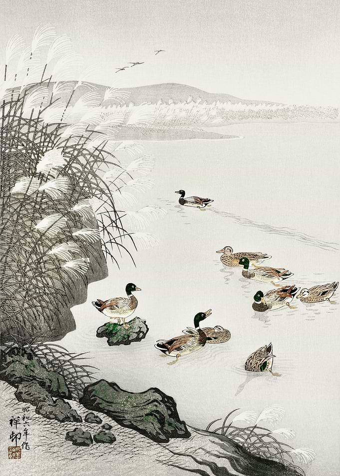 Ducks in lake Japanese art