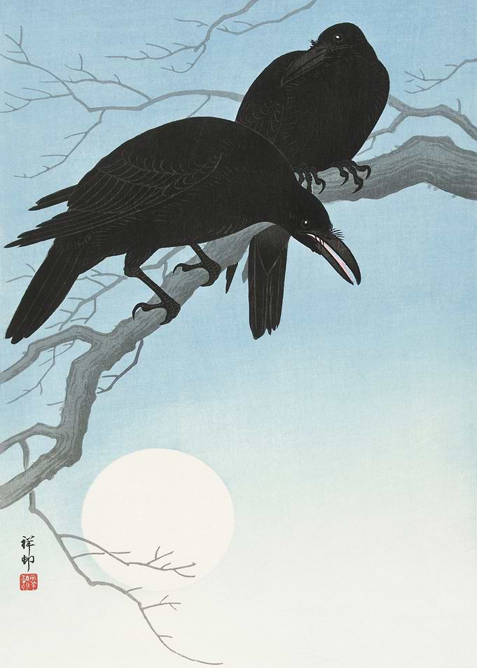 Crows on tree woodblock