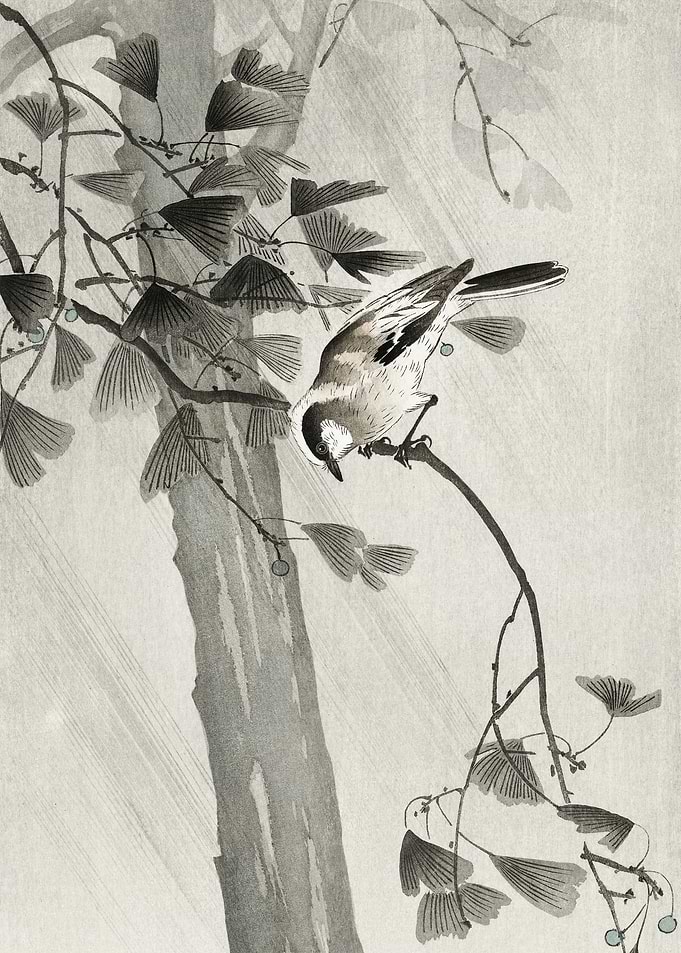 Bird in forest woodblock