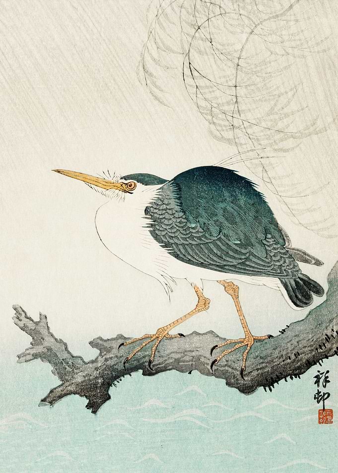 Heron on tree woodblock