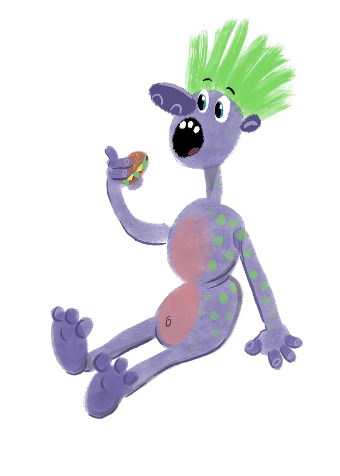 A monster eating a burger