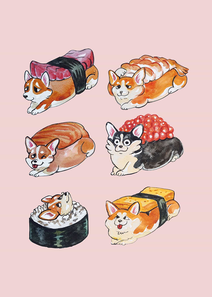 Sushi Corgi Watercolor