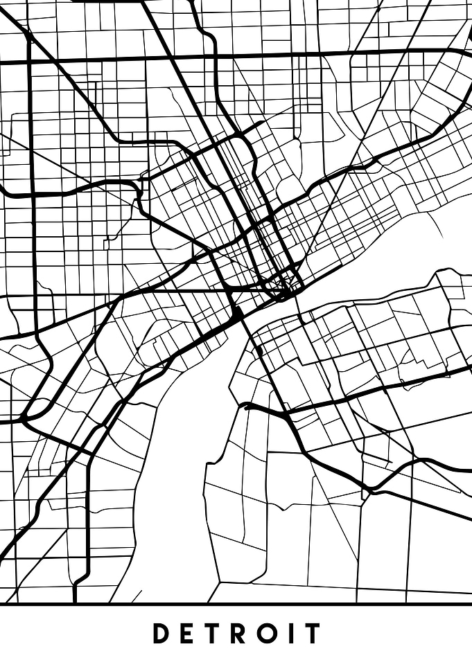 Detroit Map Michigan Black