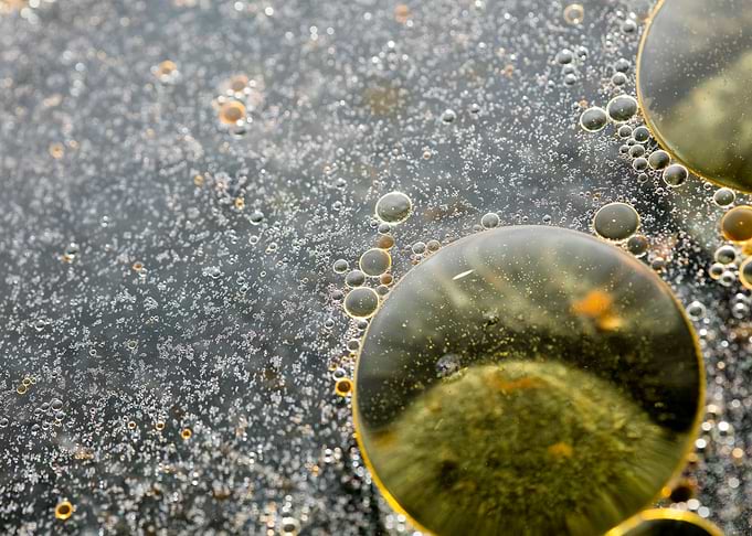 Oil bubbles on water macro