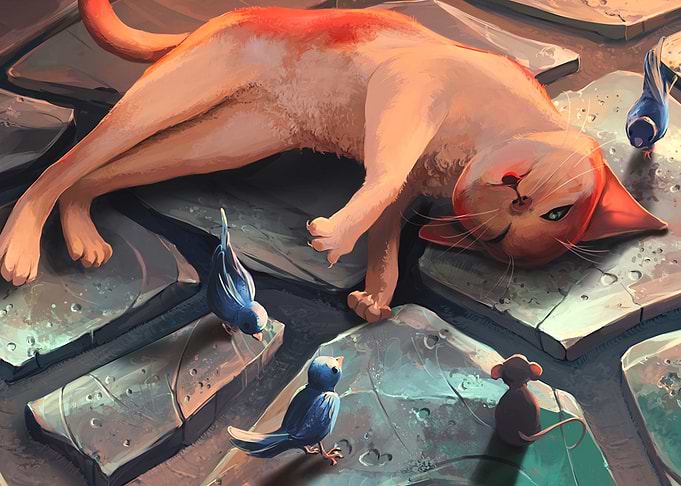 Cat and birds painting