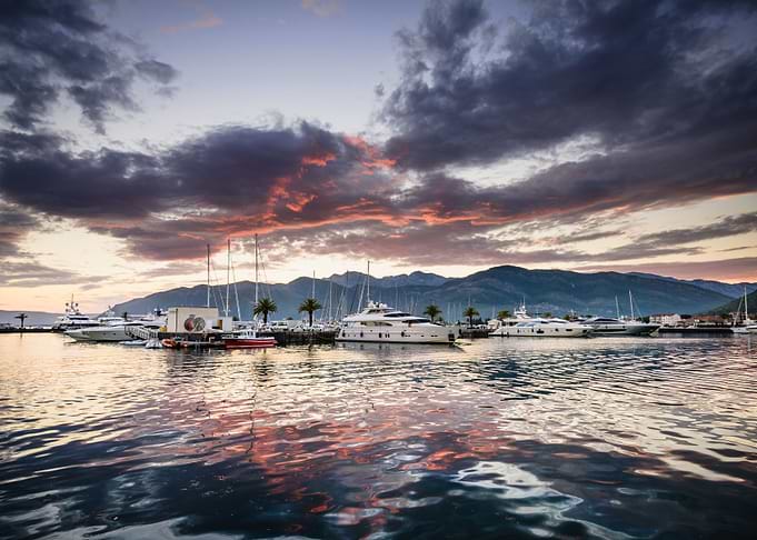 yachts and red sunset
