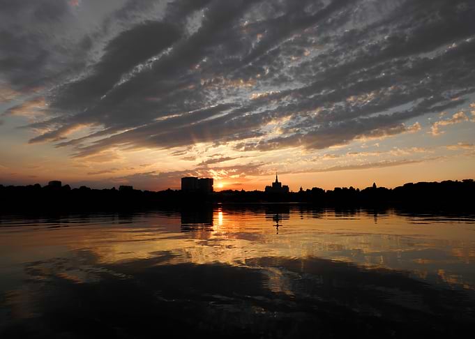 City skyline at sunset