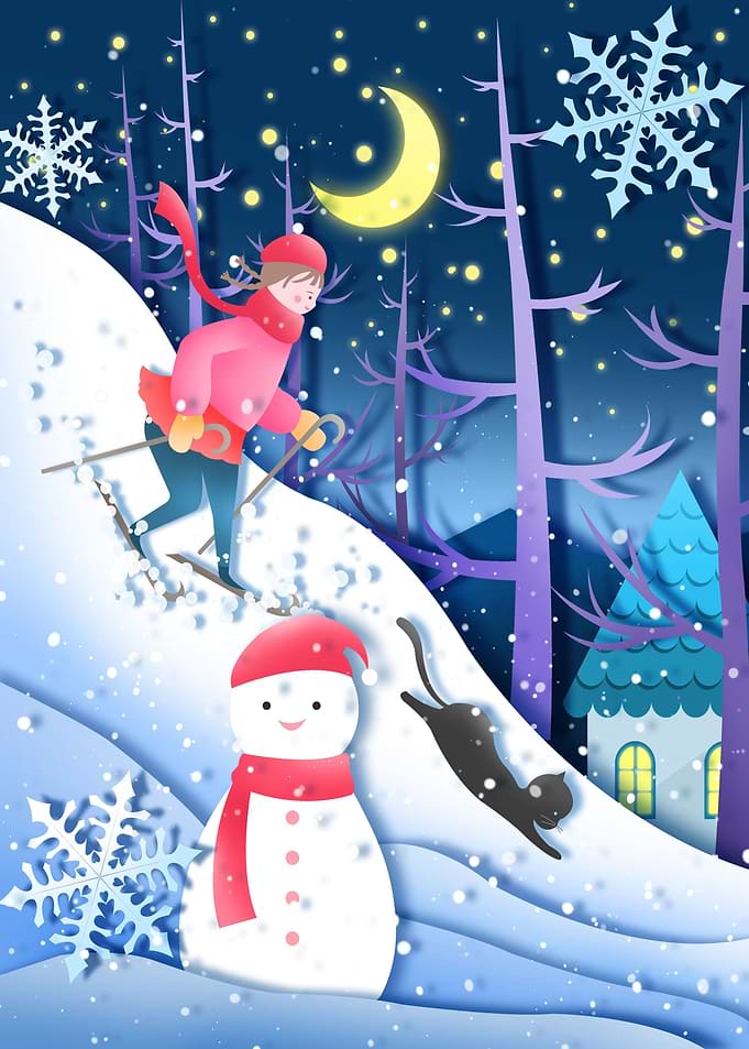 Winter Sky Cat and Snowman