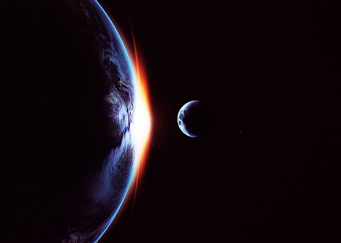 Earth and moon at sunrise