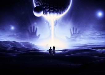 Children facing an alien