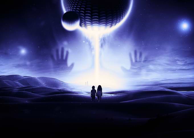 Children facing an alien