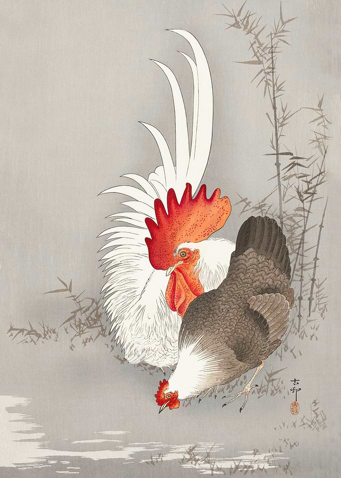 Rooster and Hen Woodblock
