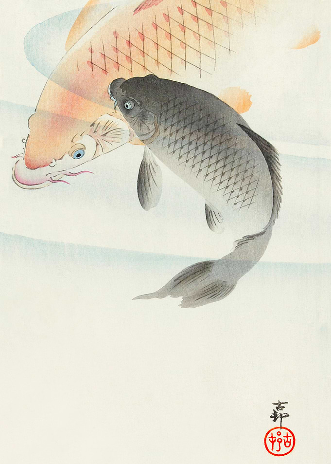 Red black fish woodblock