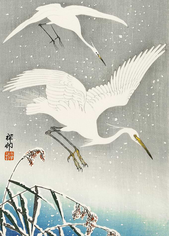 Egrets landing woodblock