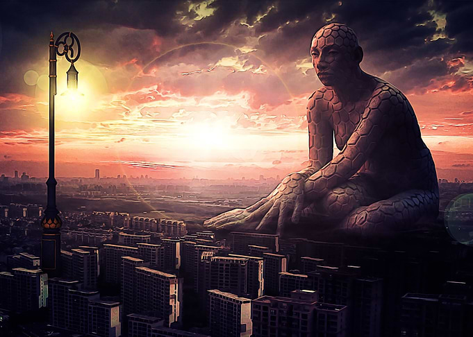 City with giant sculpture