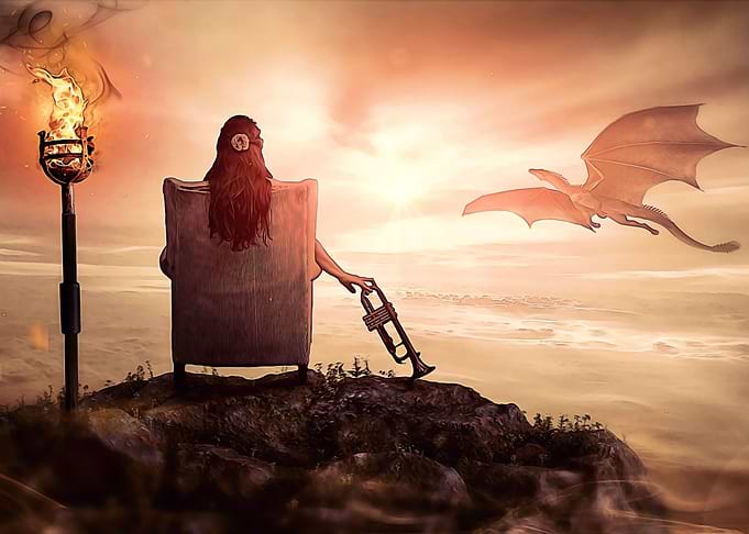 Woman seated and dragon