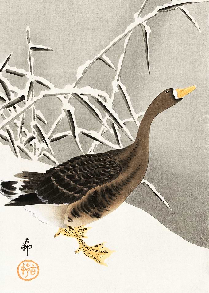 Goose in snow woodblock