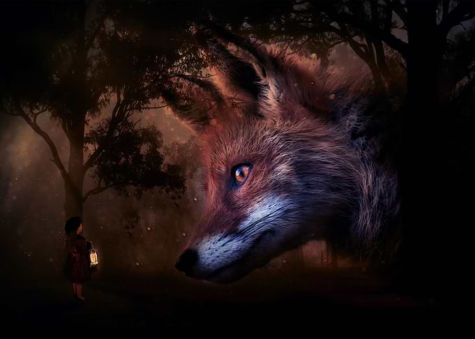 Little girl and fox head