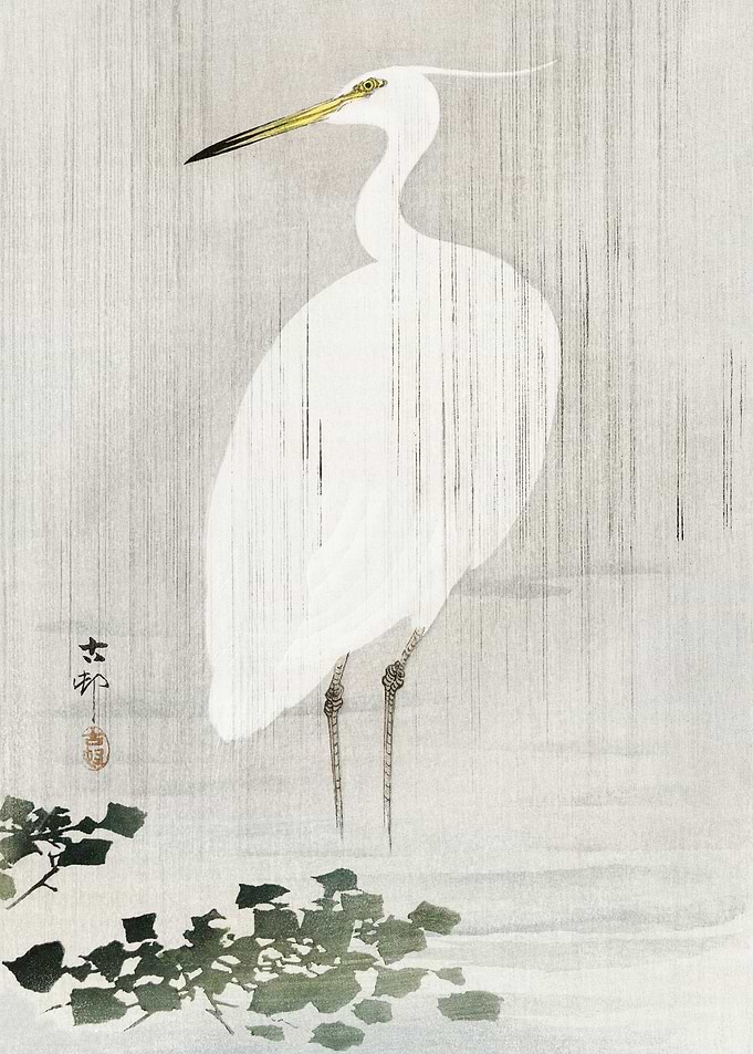 Egret in the rain woodcut