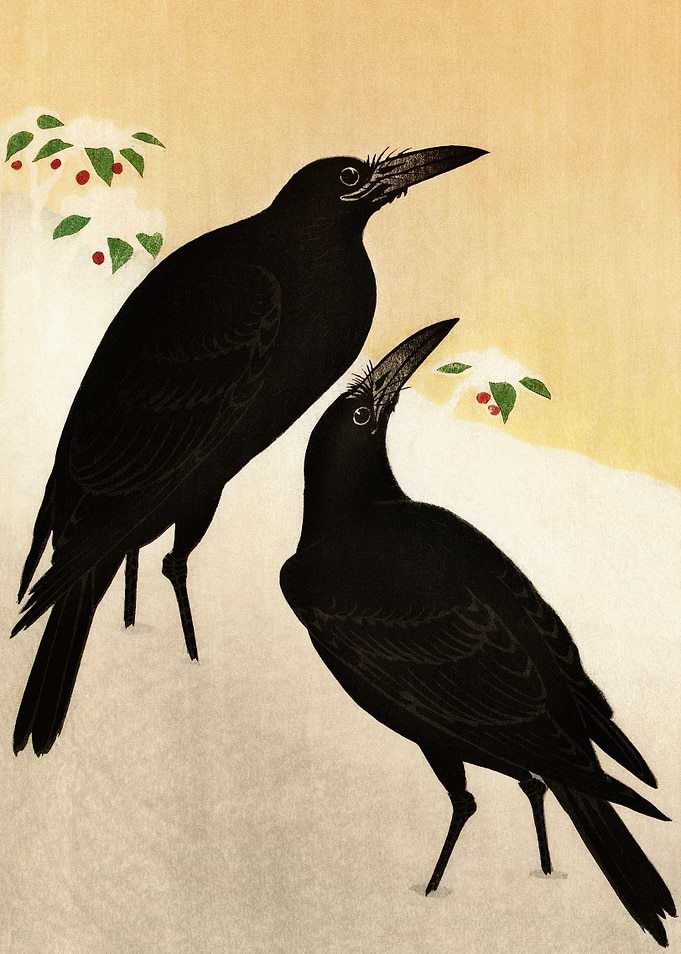 Crows in the snow woodcut