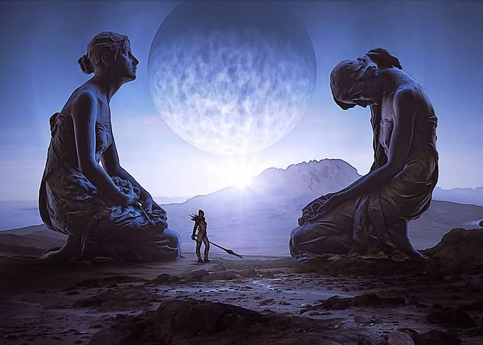 Warrior between 2 statues
