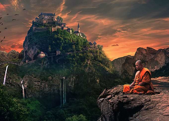 Buddisht monk with castle