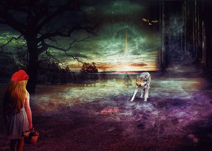 Little girl facing wolf
