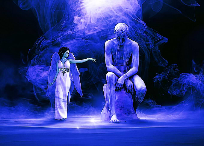 Angel facing crying man