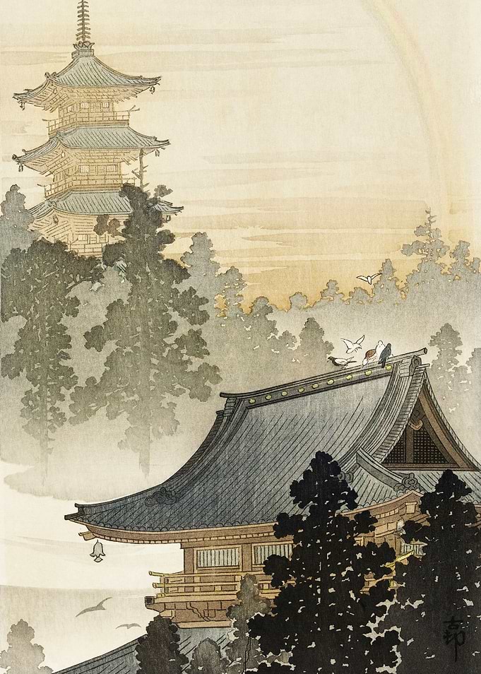 Birds on japanese pagoda