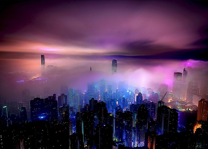 American city and clouds