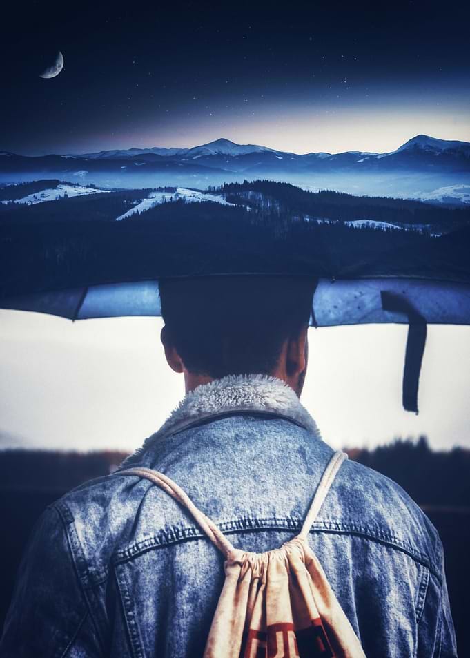 Blue Umbrella and Mountain