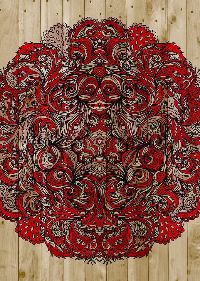Red Indian Mandala on Wood