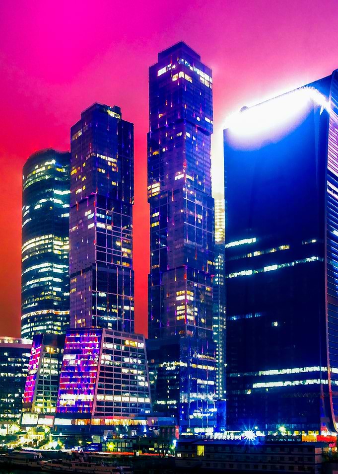 Blue Skyscrapers Red Sky