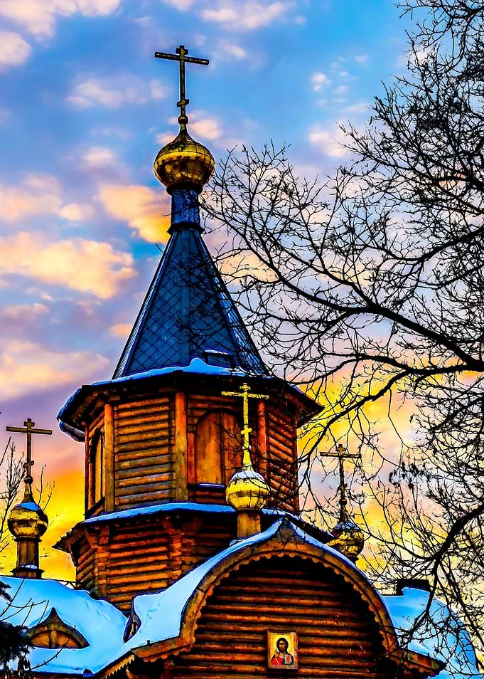 Wooden Chapel At Sunset