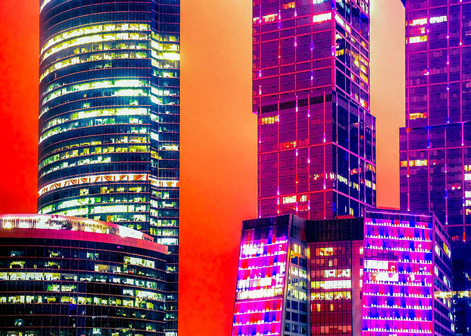 Blue Skyscrapers Red Night