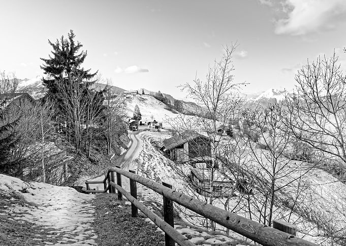 Snowy village path