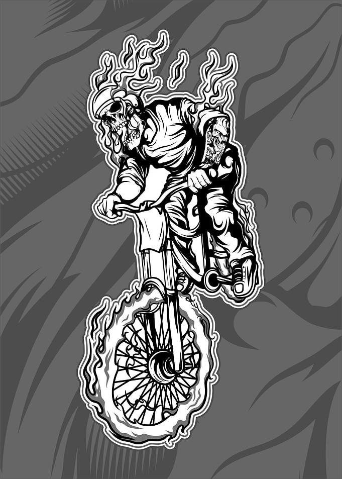 skull riding a bicycle