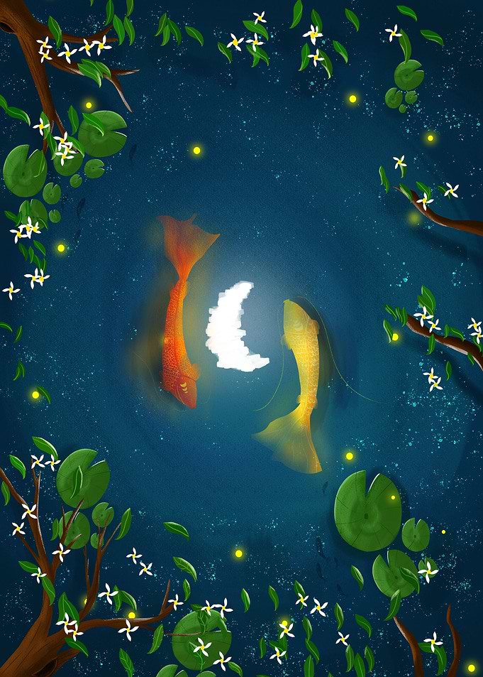 Fishes in pond with leaves