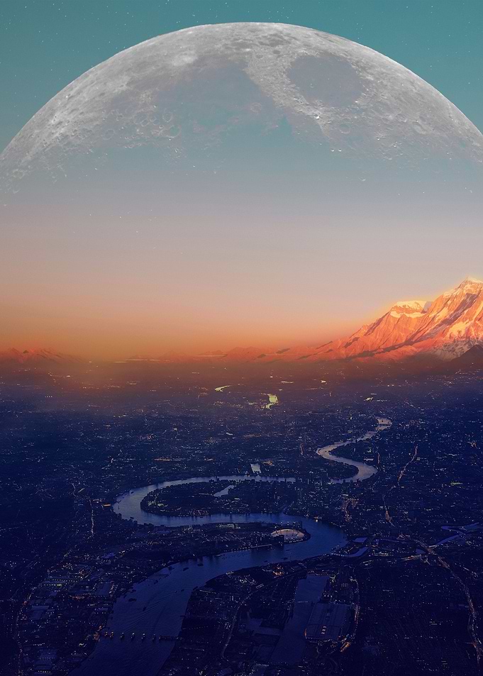 City with Huge moon
