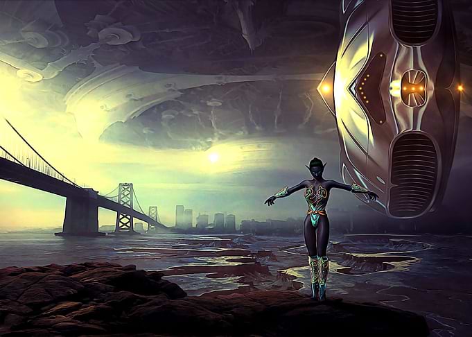Alien woman and dry city