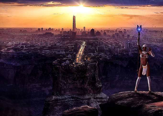 Woman with staff and city