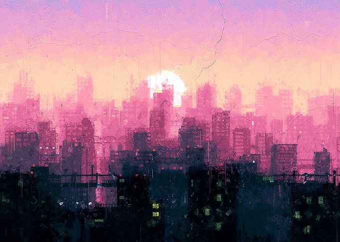 Flat Art City With Sunset