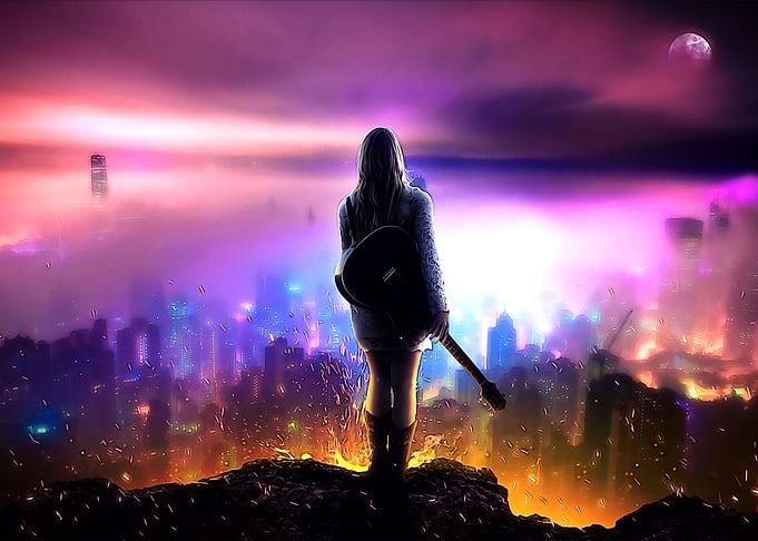 Woman looking city night